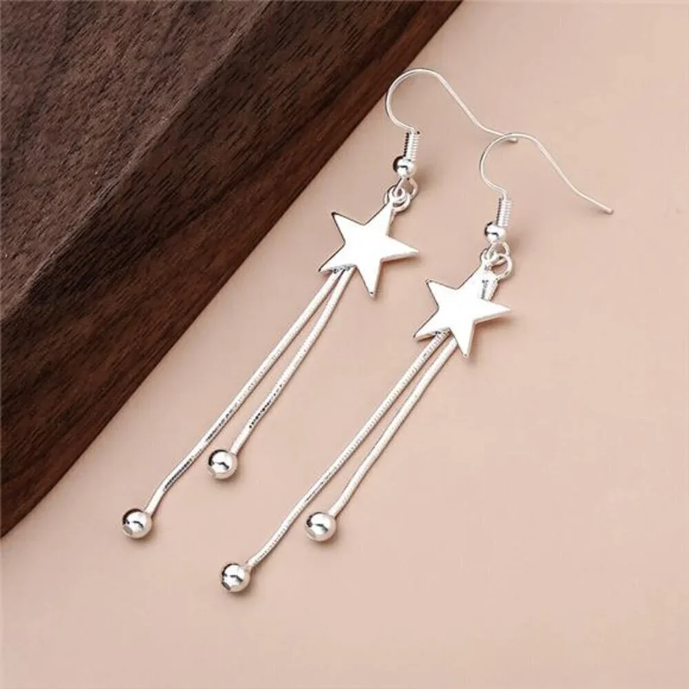 Silver Star Tassel Earrings 925 Sterling Luxury Bead for Women Fashion